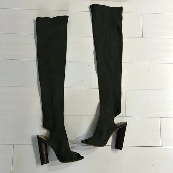 Yeezy Season 2 Thigh High Open Toe Sock High Heeled Boots Olive Green Size 37 - Picture 2 of 12